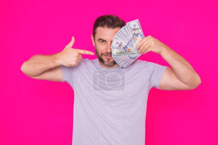 Photo for Man with money 100 dollar bill on pink - Royalty Free Image