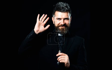 Photo for Portrait of priest with pray. Monk man oblation. Senior religion holy male with a confident expression. Isolated on black - Royalty Free Image