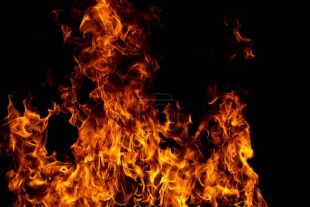 Foto de Llamas de fuego sobre fondo negro. Fuego quemar llama aislada, textura abstracta. Efecto llameante con fuego ardiente - Imagen libre de derechos