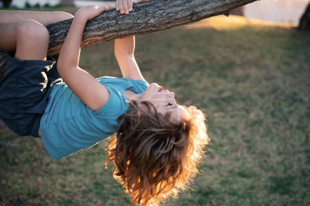 Téléchargez les photos : Loisirs et activités pour enfants concept. Enfant pendu à l'envers sur l'arbre et s'amusant dans un parc d'été - en image libre de droit