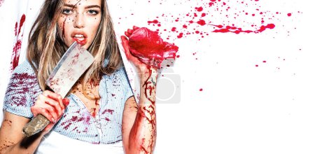 Foto de Sexy woman covered in blood holding knife. Revenge of the lover. Toxics relationship concept - Imagen libre de derechos