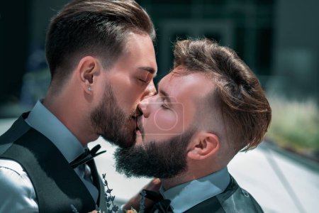 Photo for Gay couple kissing. Gay marriage, closeup male kiss. Holidays, Festivals, and Events lgbt concept - Royalty Free Image