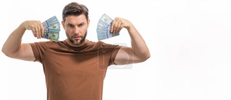 Photo for Business man with money banknotes. Male entrepreneur with dollar bills. Lucky boss, insurance agent, manager. Freelancer with cash. Mock up, for white banner with copy space - Royalty Free Image