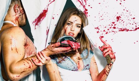 Photo for Cannibalism. donation and donar. zombie. medical transplantation. meatman in butcher shop, butchery. bloody halloween. anatomy. couple in blood. human internal organ trade. butcher cutting meat - Royalty Free Image