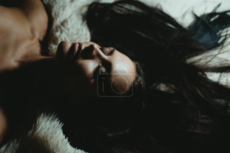 Photo for Sexy woman relaxing on fluffy bed. Female breasts smooth skin. Sexy girl sexual stimulation nipples. Erotic massage. Perfect breasts. Waiting for you. Orgasm and foreplay. Sexy attractive seductress. - Royalty Free Image