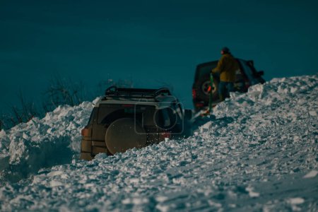 Photo for Winter rally competition with snow. Offroad car on snow bad road. Off road jeep expedition to the mountain road. Snow in off-road racing. Offroad car - Royalty Free Image