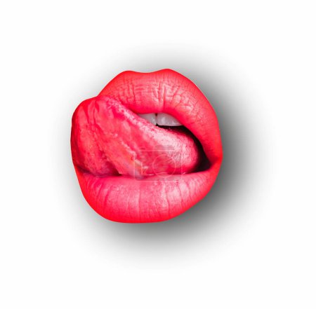 Téléchargez les photos : Female lips on white isolated background, clipping path. Sexy tongue licking sensual lips. Woman mouth with red lip, close up - en image libre de droit