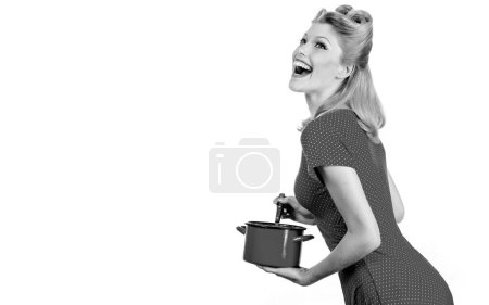 Photo for Young woman cooking. Portrait of beautiful woman hold pan, happy smile - Royalty Free Image