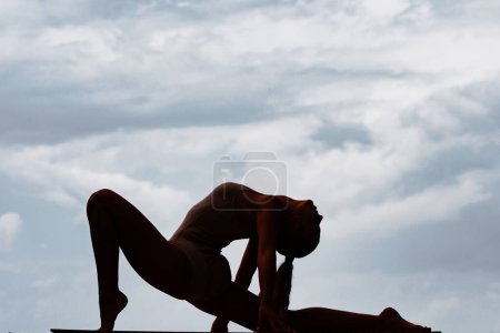 Photo for Silhouette of young beautiful woman in sports outfits doing stretching before workout outdoor. Fit body and mental healthy life - Royalty Free Image
