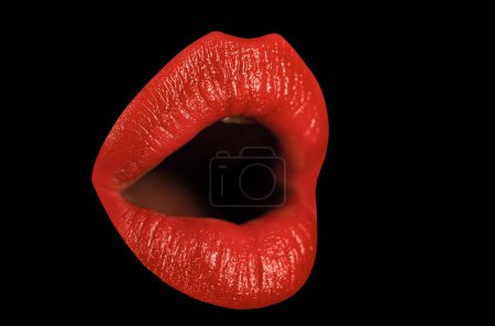 Photo for Girl open mouth close up with red lipstick make up. Beauty female face. Make up and cosmetic. High resolution. Lip gloss with red lips and fashion make up - Royalty Free Image