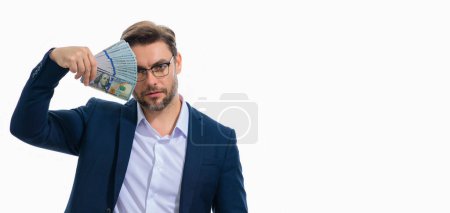 Photo for Business man with money banknotes, banner. Male entrepreneur with dollar bills. Lucky boss, insurance agent, manager. Freelancer with cash. Boss, director owner concept. Money for small business - Royalty Free Image