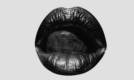 Téléchargez les photos : Golden lips with gold lipstick on isolated background. Sensual girl or woman mouth with gold. Tongue licking gold lip. Glamour background - en image libre de droit