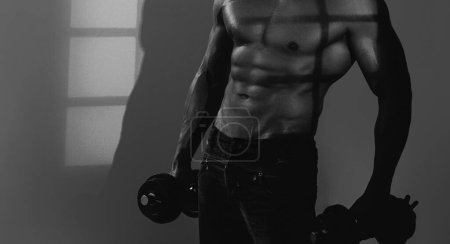 Photo for Banner templates with muscular man, muscular torso, six pack abs muscle. Muscular and sexy torso of young man having perfect athletic body - Royalty Free Image