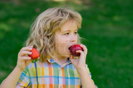 Foto de Verano linda cara de niño. El niño come fresa y ciruela. Cara excitada. Fresa para niños. Expresión asombrada, alegre y alegre - Imagen libre de derechos