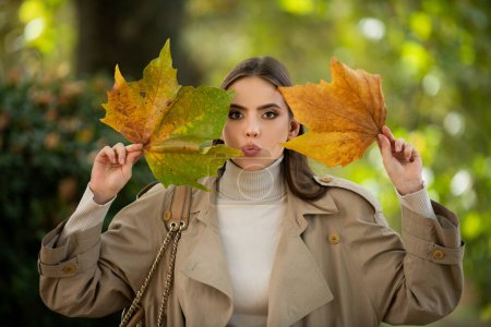 Photo for Happy woman holding autumn leafs on face in fall nature. Portrait of young woman with autumn maple leaves outdoor. Pretty girl play with fall leaf walking in park. Warm autumn. Fall season fashion - Royalty Free Image