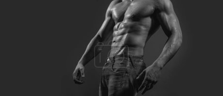 Photo for Banner templates with muscular man, muscular torso, six pack abs muscle. Fashion portrait of strong brutal guy. Sexy torso. Male flexing his muscles. Sport workout bodybuilding concep - Royalty Free Image