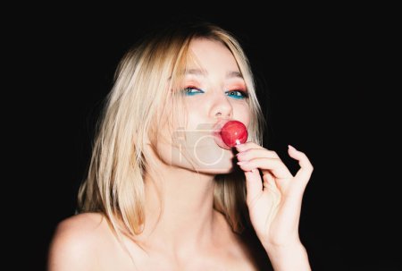 Photo for Portrait of sexy woman. Sexy blonde pop art woman with open mouth lick lollipop. Sexy woman face close-up. Desire. Sensual seductive woman - Royalty Free Image