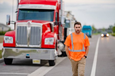 Photo for Men driver near lorry truck. Truck driver in safety vest near truck. Trucker trucking owner. Transportation industry vehicles. Handsome man driver front of truck - Royalty Free Image