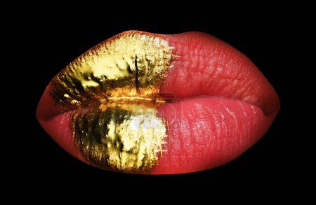 Photo for Golden make up. Colorful sexy lips, golden art. Gold bright make-up in lips. Beauty and fashion. Isolated on black - Royalty Free Image