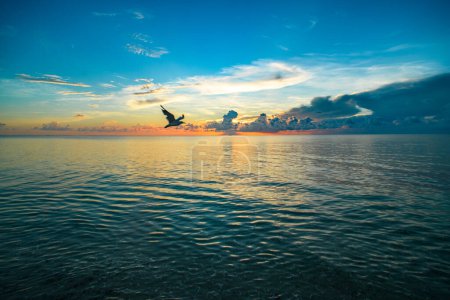 Foto de Cielo nublado en el atardecer del mar, amanecer en la playa del océano. Paisaje del atardecer en el cielo después del atardecer. Salida del sol con nubes de diferentes colores contra el cielo y el mar - Imagen libre de derechos