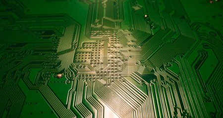 Photo for Electronic circuit board technology background. Electronic plate pattern. Circuit board, electrical scheme. Technology background. Electronic microcircuit with microchips and capacitors taken - Royalty Free Image