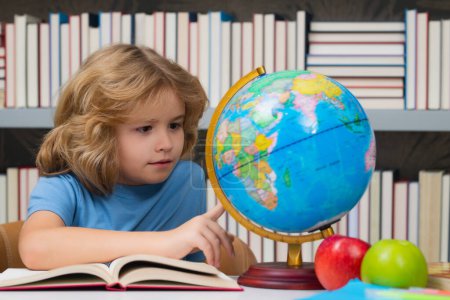 Photo for Nerd pupil. Clever child from elementary school with book. Smart genius intelligence kid ready to learn - Royalty Free Image