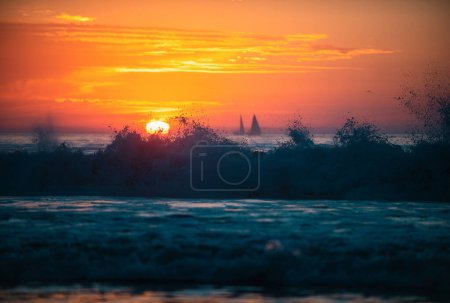 Photo for Panoramic view of sunset over ocean. Beautiful serene scene. Sea sky concept, sunrise colors clouds. Nature landscape, scenery beach. Summer vacation background - Royalty Free Image