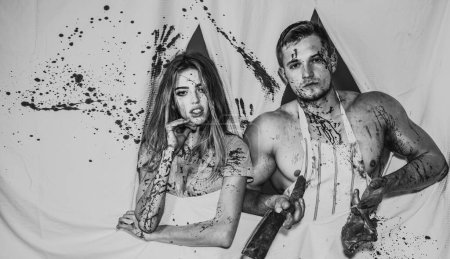Photo for Bloody couple. Woman with blood on face holding bloody cleaver and meat. Sexy girl killer. Halloween festival. Fear and horror. Steak concept. Meat food. Murderer tender girl. Bloody prey. Fresh meat. - Royalty Free Image