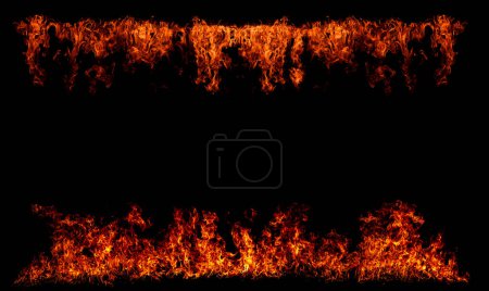 Téléchargez les photos : Cadre de flamme de feu. Brûler les lumières sur un fond noir. Frontières et cadres de feu. Élément de feu abstrait. Bordure de l'élément feu - en image libre de droit