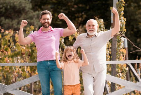 Photo for Multi generation family. Excited grandfather father and son outdoors. Three men generation. Happy men family - Royalty Free Image