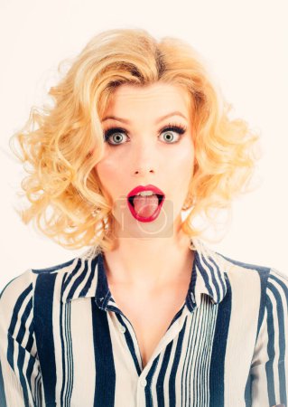 Photo for Comic woman with curls retro hairstyle. Wow expression. Pinup style portrait of a beautiful and sexy blond girl - Royalty Free Image
