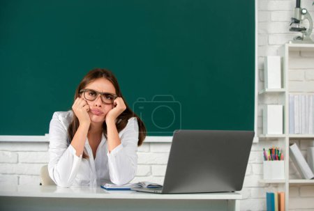 Photo for Portrait of sad serious and angry female university student study lesson at school or university - Royalty Free Image