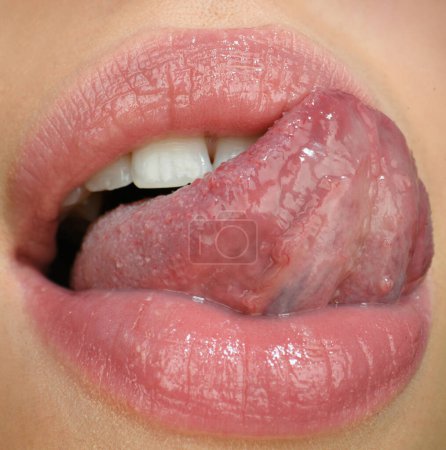 Photo for Tongue and sexy female lips. Sexy sensual womens open mouths. Close up macro tongue - Royalty Free Image