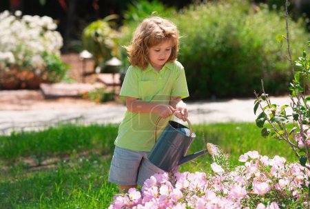 Téléchargez les photos : Un enfant verse de l'eau sur les arbres. Kid aide à prendre soin des plantes dans le jardin. Petit garçon avec un arrosoir sur la cour - en image libre de droit