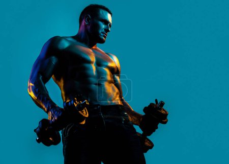 Photo for Sexy Muscular Body. Strong Fit Man Exercising with Dumbbells. Guy Lifting Weights. Naked, Nude Torso - Royalty Free Image
