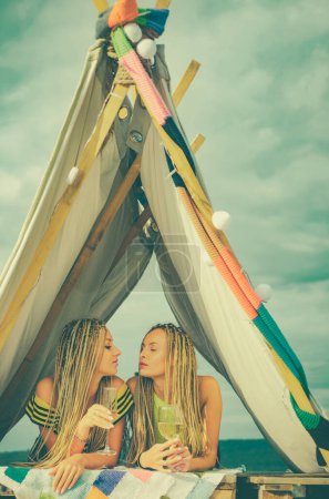 Photo for Two woman at girls party. Celebration with alcohol. Outdoor leisure. Having fun concept - Royalty Free Image
