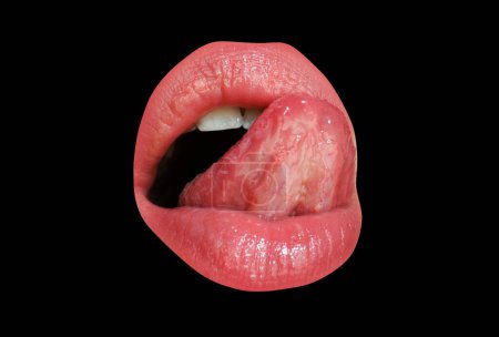 Foto de Arte labios rojos. Sexy mujeres abren la boca, lamiendo, lengua sobresaliendo - Imagen libre de derechos