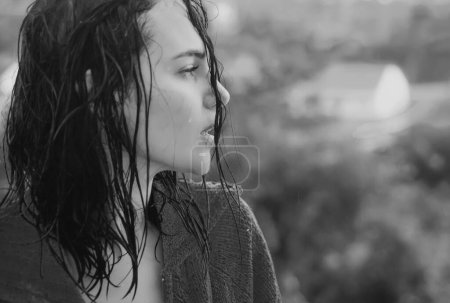 Photo for Woman in rain. Picture emotion woman. Sad female mood. Woman emotions. Cry - Royalty Free Image