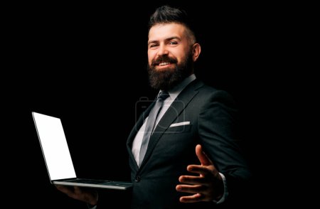 Photo for Happy business man with laptop. Handsome businessman. Business portrait of serious business man. Businessman in suit. Business people concept. Man in classic shirt and tie. Businessman on black - Royalty Free Image