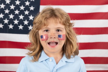Photo for Kid celebration independence day 4th of july. United States of America concept. Child with american flag. Close up portrait of child with usa flag on cheek - Royalty Free Image