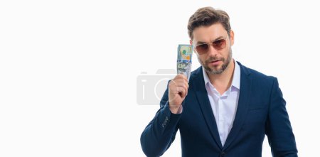 Photo for Business man with money banknotes. Male entrepreneur with dollar bills. Lucky boss, insurance agent, manager. Freelancer with cash. Mock up, for white banner with copy space - Royalty Free Image