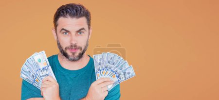 Photo for Man with cash money in dollar banknotes on isolated studio banner. Portrait of businessman with dollar banknotes. Dollar money. Cash dollar banner - Royalty Free Image