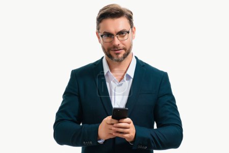 Photo for Business man in suit using mobile phone isolated on white studio. Portrait of confidence middle aged millennial business man using cellphone. Business man with smartphone, business call. Banner - Royalty Free Image