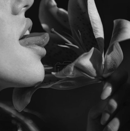 Sexy tongue. Sexy woman lick flower. Woman lips with day lily, Oriental Hybrids, lilium or hippeastrum.