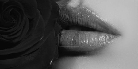 Foto de Los labios se cierran con rosa roja. Los cosméticos hacen publicidad. Hermosos labios rojos perfectos femeninos - Imagen libre de derechos