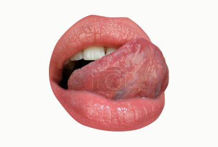 Photo for Art red lips. Sexy womans open mouth, licking, tongue sticking out. Glossy luxury mouth - Royalty Free Image