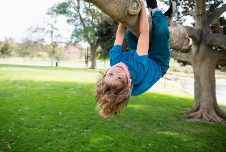 Téléchargez les photos : Il joue et grimpe dans un arbre et il est pendu à l'envers. adolescent garçon jouer dans un parc - en image libre de droit