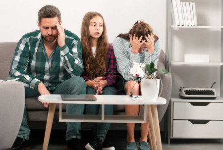 Trouble couple with unhappy child teenager discussing problems in worry family. Conflicts marital couple with kids crisis. Sad father and mother with sad daughter teenager
