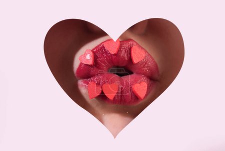 Photo for Hearts makeup. Beauty lovely lips. Lip with hearts through paper. Love concept. Lipscare - Royalty Free Image