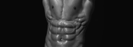 Foto de Hombre con cuerpo musculoso. Plantillas de banner con hombre musculoso, torso fuerte, seis abdominales paquete muscular - Imagen libre de derechos